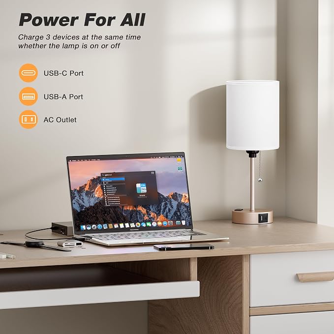 Small Bedside Table Lamp for Bedroom, Desk Lamp with USB Ports for Dorm | USB A+C Ports, AC Outlet, 3 Color Temp, LED Bulb Included, White Fabric Shade, Light-Gold Brass Base, 14" Night Stand Lamp