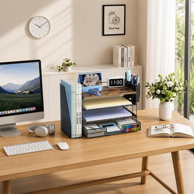 Desk Organizer, 4-Tier Desktop File Organizer with Drawer and Pen Holders, Office Desk Accessories, File Sorters, Workspace Organizers for Office Supplies(Wood)