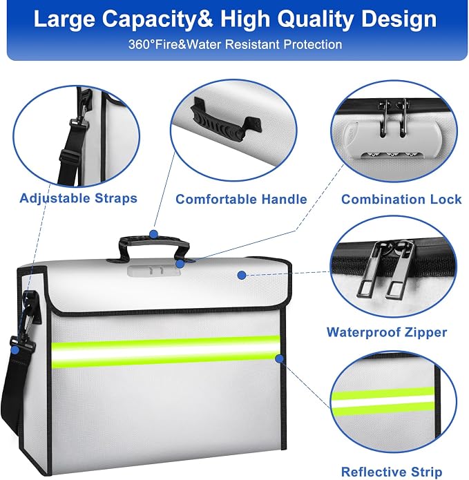 Fire Proof Bag for Documents with Removable Folder Layers/Money Bag 6500°F,Fireproof Waterproof Bag with Lock,Portable Home Travel Fire Box Safe for Documents/Valuables/Cash(14.1x9.5x4.2 inches)