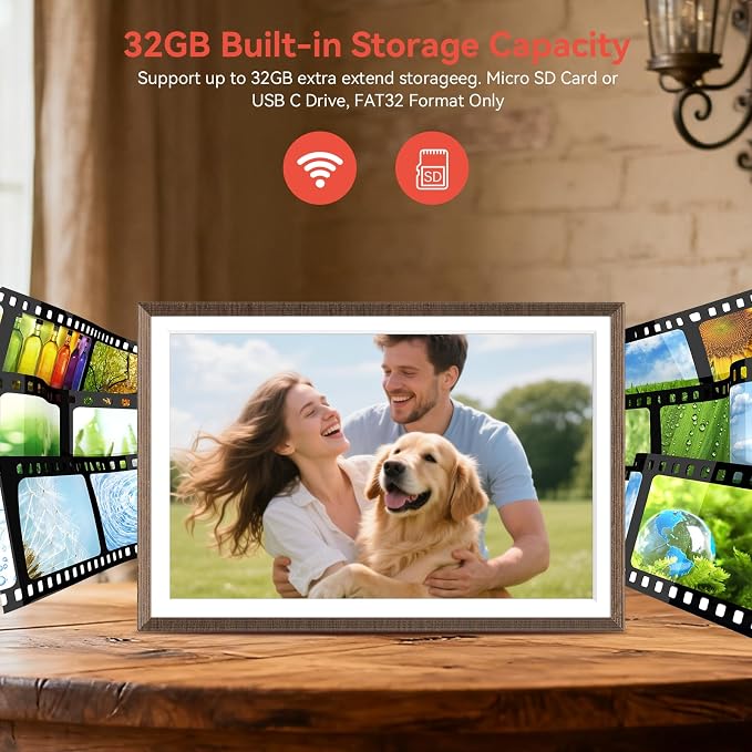 Frameo Wood 10.1 inch Digital Picture Frame, Smart WiFi Digital Photo Frame with 32G Memory, HD Touch Screen, Auto-Rotate, Slideshow, Easy Setup, Share Photos and Videos Anywhere(Brown Wood)