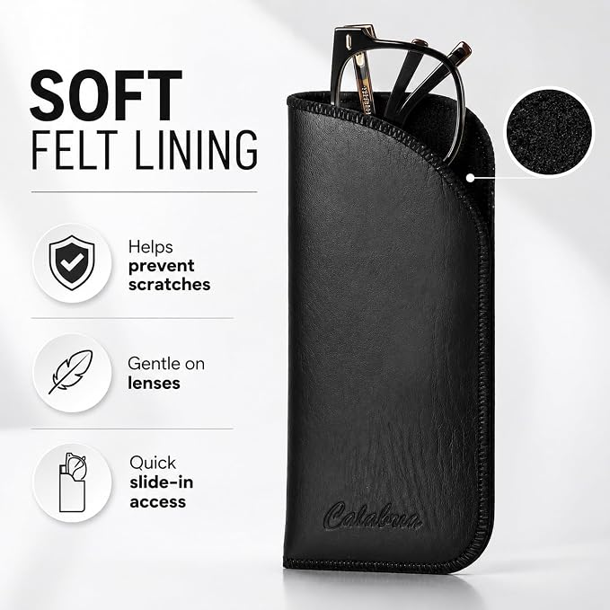 Calabria Half Slip-in Soft Eyeglass Case PU Leather Felt Black Men Women Vertical Flat Eye Glasses Pouch Sunglasses Holder - 50PACK