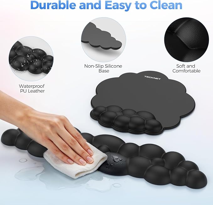 TECKNET Cloud Mouse Pad with Wrist Rest, Ergonomic Cloud Wrist Rest with Non-Slip Base, PU Leather Memory Foam Mouse Pad Wrist Support for Keyboard and Mouse, Pain Relief for Typing, Gaming, Black