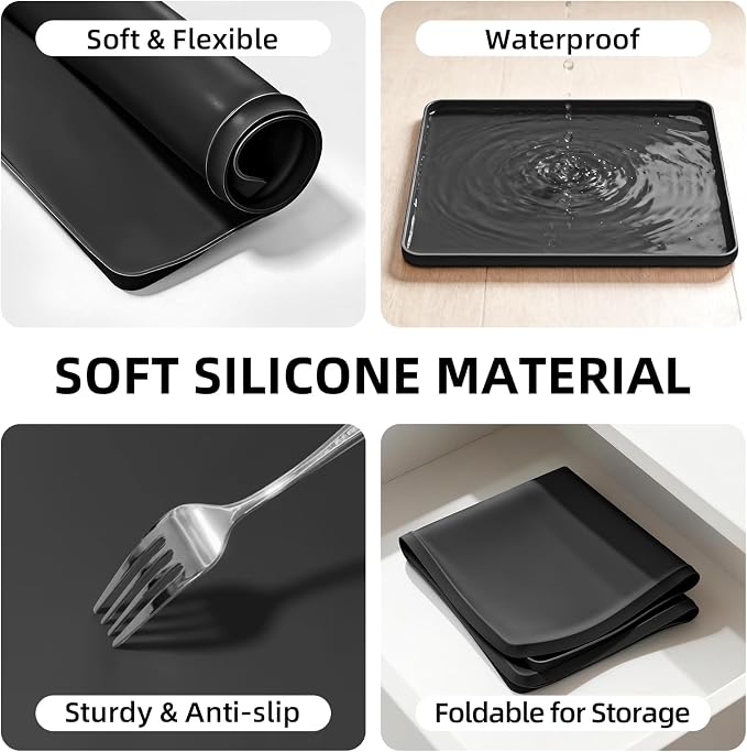 Water Cooler Mat 19.7x19.7 Inch - Soft Silicone Mat with Raised Edges, Waterproof Silicone Tray to Prevent Leak & Floor Damage, Anti-Slip Pad for Mini Fridge, Humidifier, Ice Maker, Black
