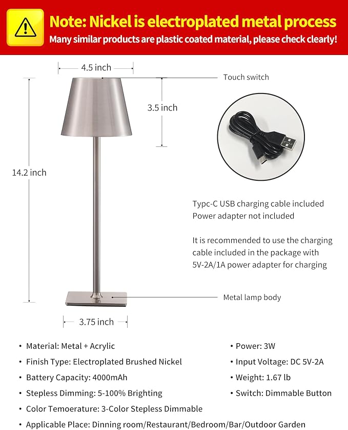 KDG 2 Pack Cordless Brushed Nickel Table Lamps, Portable LED Desk Lamp | 4000mAh Battery Operated 3 Color Stepless Dimming Up for Restaurant, Bedroom, Outdoor Party, Camping, Coffee Shop, Nightlight