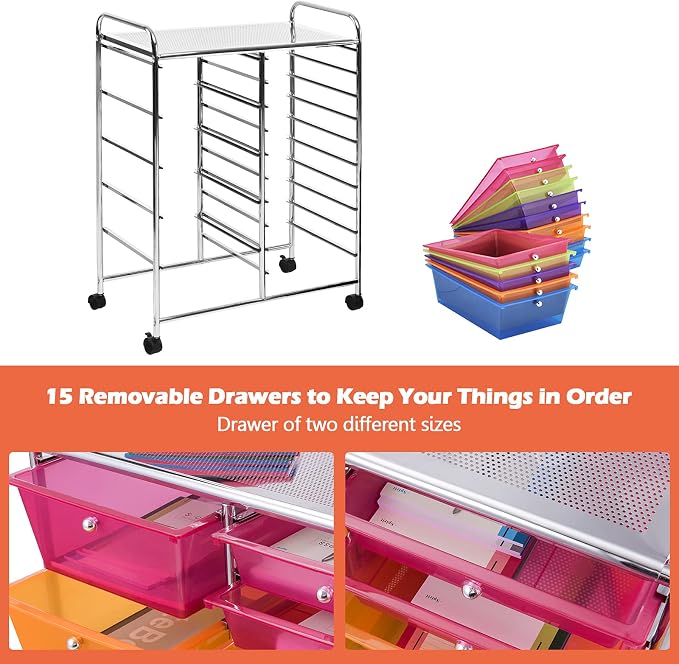 15 Drawer Rolling Storage Cart, Rolling Cart with Drawers for Classroom, Art Supply Craft Organizer on Wheel with Metal Frame & Handles for Home Office School