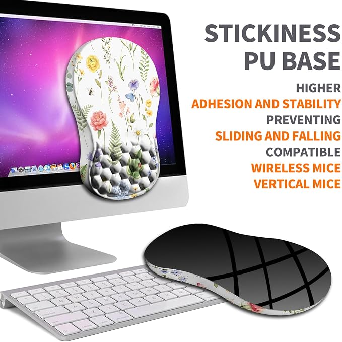 Ergonomic Joint Wrist Support Mouse Pad with Memory Foam Cushion Massage Bump, Carpal Tunnel Pain Relief Mousepad Slope Design for Wrist Rest, 11.8x7.9 in, Bee Butterfly Flower