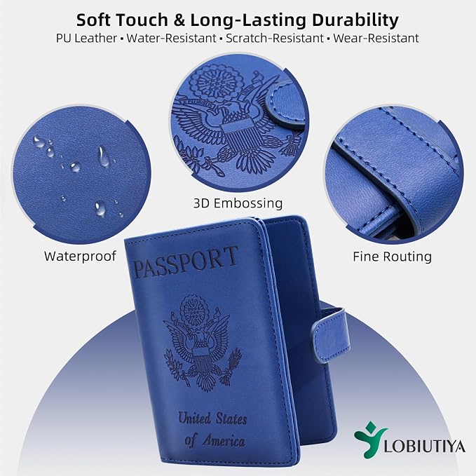 Passport Holder For Travel with Slot for AirTag & Luggage Tag Cover – RFID Blocking Travel Passport Wallet for Women/Men/Family | PU Leather Passport Case with Extra Money Pocket, Blue