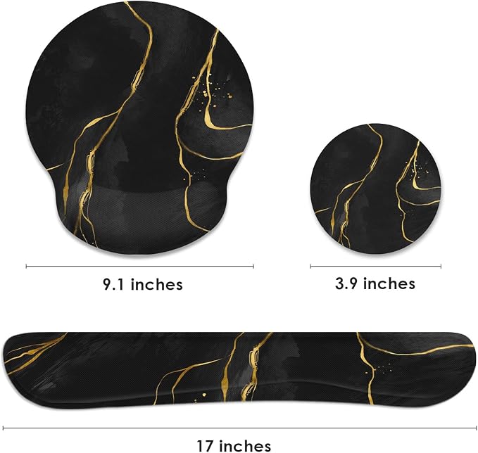 Ergonomic Mouse Pad Set with Wrist Rest, Black Gold Marble | Abstract Modern Non-Slip Rubber Base Wrist Cushion Support and Coasters Mousepad with Wrist Support for Computer Keyboard