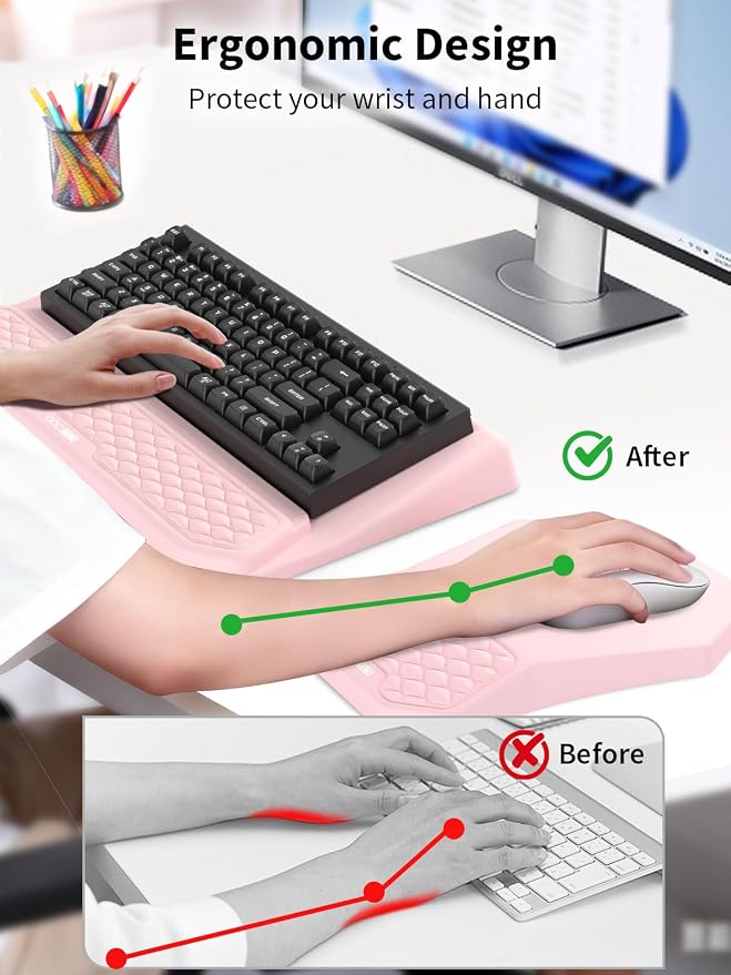 3-in-1 Ergonomic Keyboard Stand with Wrist Rest & Mouse Pad Set, Pink | Comfy Keyboard Riser Holder Soft Mousepad with Massage Design, Memory Foam and Non-Slip PU Base for Pain Relief