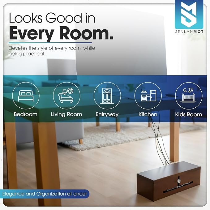 Wooden Cable Management Box – Modern Wire Organizer Box & Power Strip Cover for Home or Office | Large Cable Hider for Wires, Chargers & Extension Leads – Home Organization Storage
