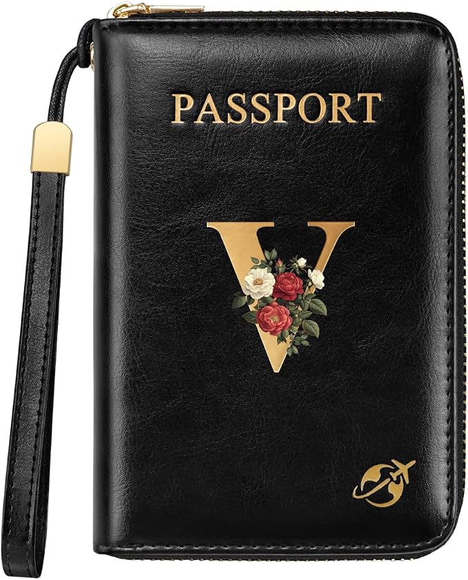 Passport Holder for Travel Personalized Wallet with Wristlet Women | Passport Cover, RFID Blocking, Passport Book Holders, Back Coin Pocket, Zipper Closure, Roses Initial Letter, Black V