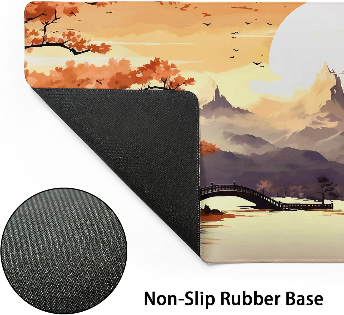 Orange Japanese Sakura Gaming Mouse Pad XXL Yellow Cherry Blossom Mountain Aesthetic Large Desk Mat Big Mousepad Non-Slip Rubber Base Stitched Edge Long Mousepad for Desktop Office, 35.4 x 15.7 in