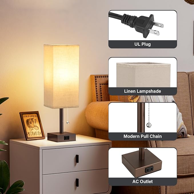 Bedside Lamp for Bedroom Set of 2 - Table Desk Lamp for Nightstand | AC Outlet, 3 Color Temperatures, LED Bulb Included, Pull Chain Design, 14" Rectangular Desk Lamp for Dorm/Office, 2-Pack