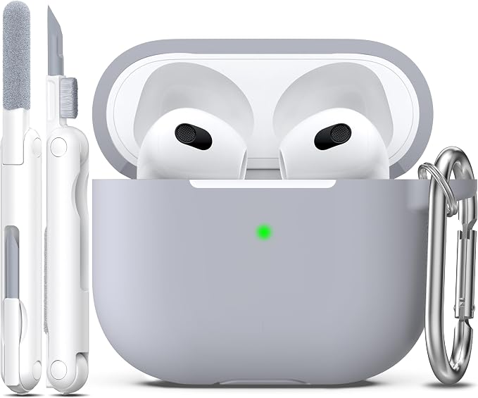 R-fun Compatible with AirPods 3 Case Cover, Silicone Protective Accessories Skin with Keychain Compatible with Apple AirPod 3rd Generation 2021 for Women Men Girls Boys,Front LED Visible,Light Grey