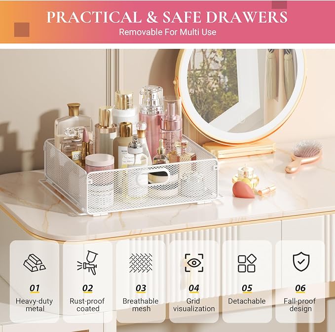 Goovilla Rolling Makeup Organizer Cart with Drawers, 5 Tier Metal, White | Floor Skincare Vanity Organizers with Lockable Wheels, Make Up Storage Cart for Cosmetics Display, Nail Polish, Perfume