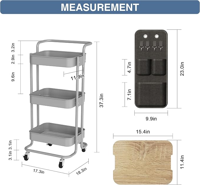 DTK 3-Tier Rolling Cart with Table Top, Metal Utility Cart with Side Bags | Tray Storage Organizer, Lockable Wheels, 4 Hooks, Art Cart for Kitchen, Bathroom, Office, Craft room, Living room,Grey