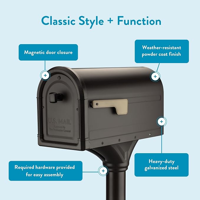 Architectural Mailboxes Roxbury Mailbox with Post, Rubbed Bronze, Large | Includes the matching post and all hardware. Galvanized steel build and rust-resistant powder-coat finish. USPS approved.