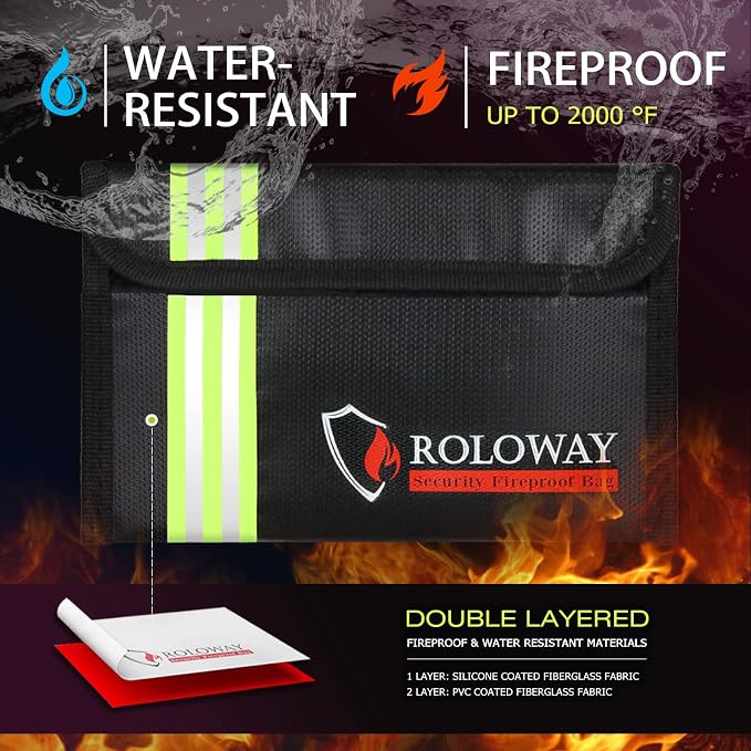 Small Fireproof Bag (5 x 8 inches) with Reflective Strip, Fireproof Money Bag for Cash, Valuables, Passport, Currency & Keys (2-Pack Black)