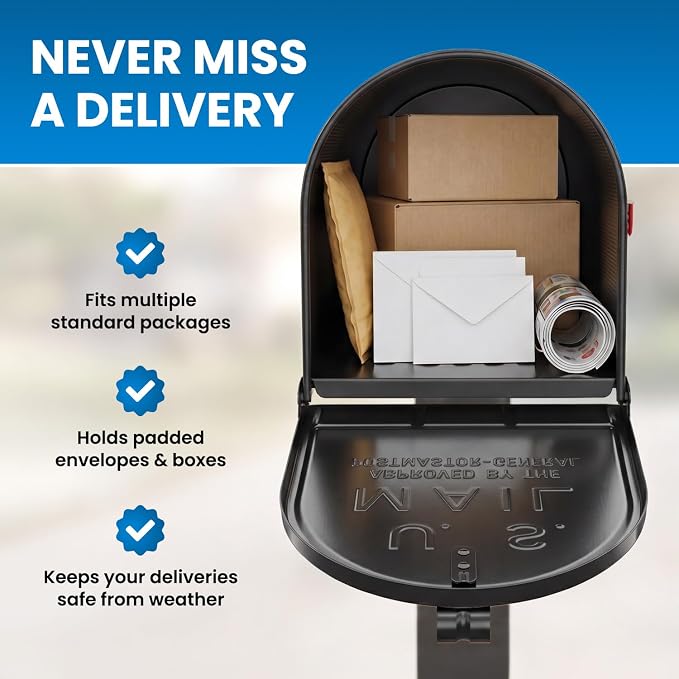 Plexon Jumbo Size Rural Mailbox, 3175 cu-in Capacity, Galvanized Steel, Powder-Coated, 15 in. H x 11.69 in. W x 24.82 in. L, Black, Extra Large