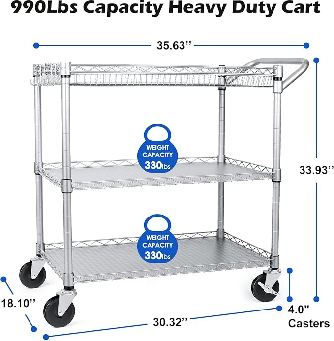 990Lbs Capacity Heavy Duty Rolling Utility Cart, NSF Rolling Carts with Wheels,Commercial Grade Metal Cart with Handle Bar & Shelf Liner,Trolley Serving Cart for Restaurant,Kitchen,Gray