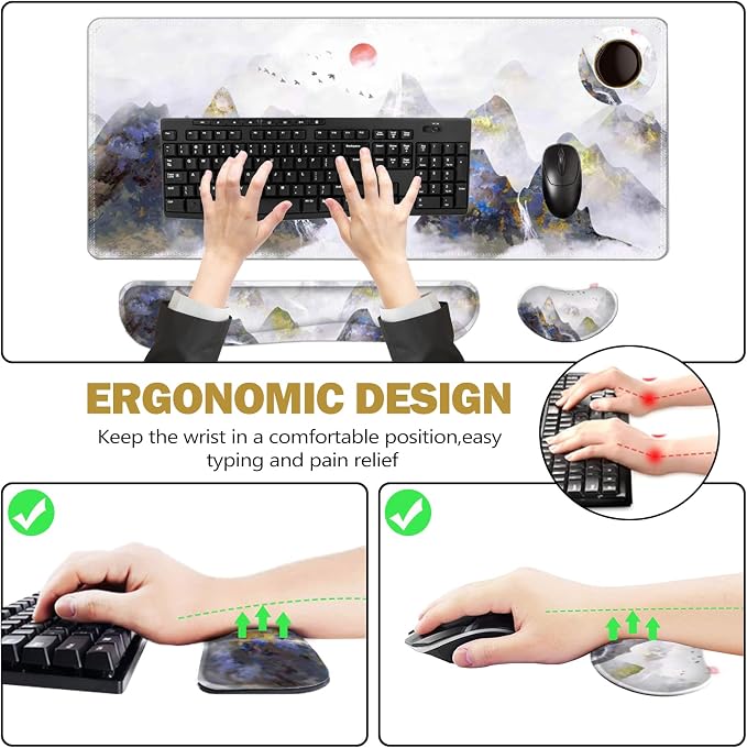 ToLuLu Extended Gaming Mouse Pad, Memory Foam Ergonomic Keyboard Mouse Wrist Rest Support Set, Large Desk Mat with Stitched Edges, Non-Slip Base Mousepad for Home Office Game Study, Ink Mountain