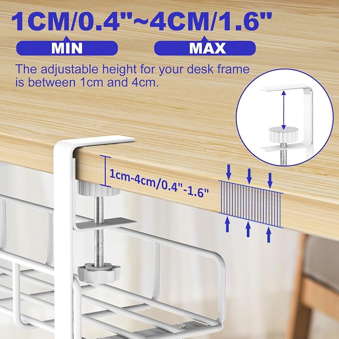 Under Desk Cable Management Tray No Drill Steel Rack White | No drill heavy duty steel cable tray 31.5",Clamp mount wire organizer,White adjustable under desk rack(2 pack)