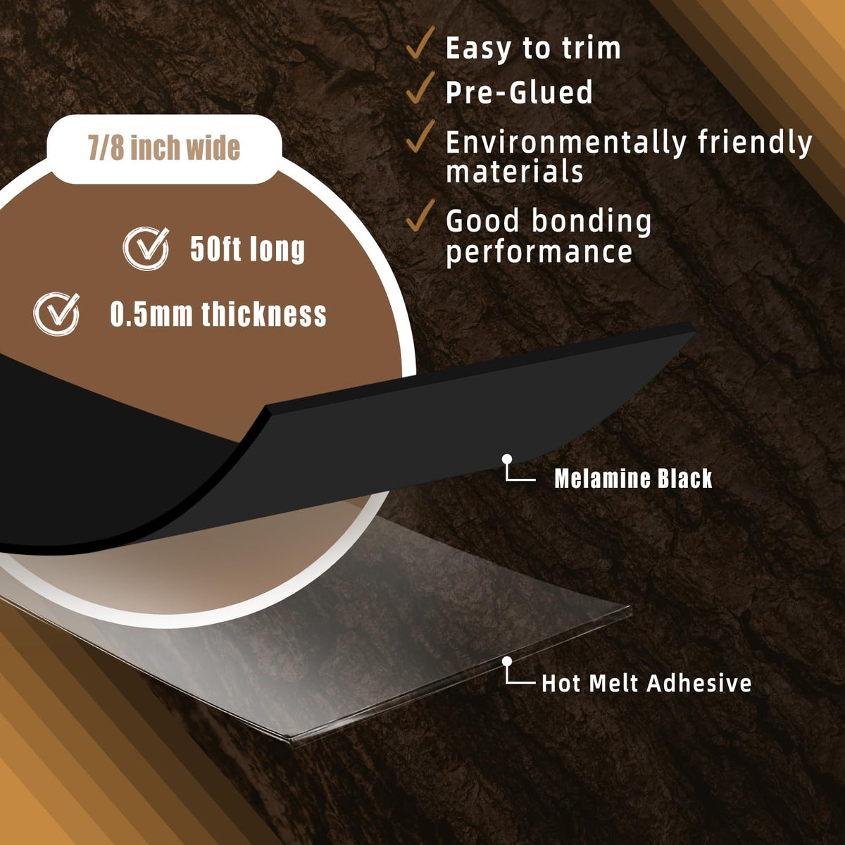 GSCIT Club Black Edge Banding, 7/8 inch x 50ft Melamine Edge Banding with Hot Melt Adhesive Preglued Cabinet Edge Banding Flexible Black Veneer