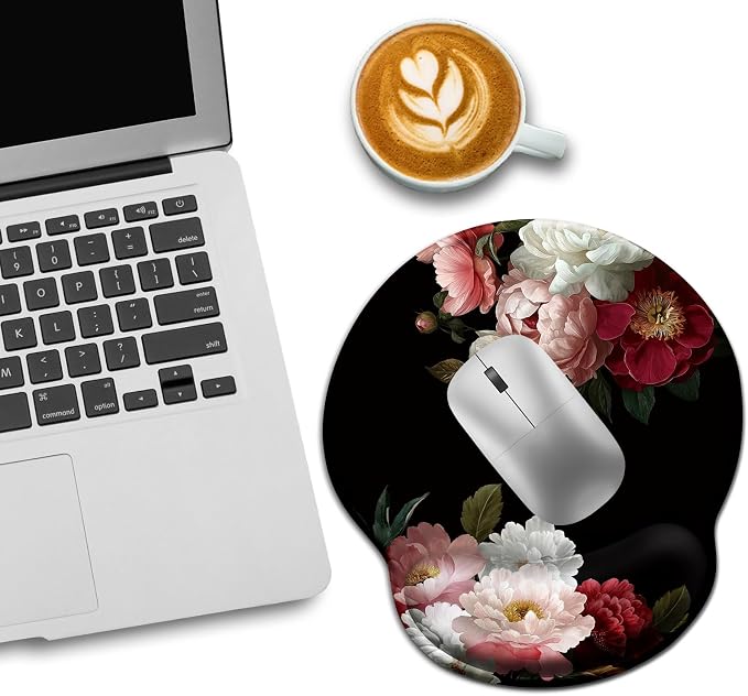 LIMKRIAN Black Flower Ergonomic Mouse Pad with Wrist Rest, 9.8 x 8.6 in | Comfort Gel Wrist Support Pain Relief, Non-Slip PU Base, Smooth Surface, Mousepad for Computer Office Desk Accessories Decor