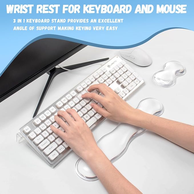 Keyboard Stand with Gel Wrist Rest Combo, Ergonomic Desktop Riser & Wrist Support Platform for Computer, Acrylic Clear Keyboard Stand Compatible Non-Slip Base