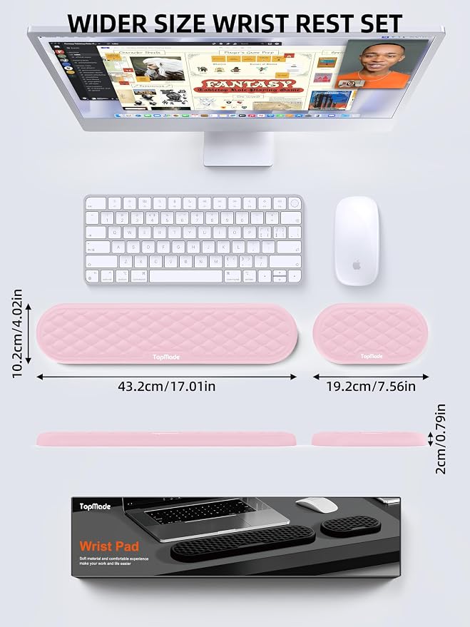 TopMade Upgraded Wider Wrist Rest Set, Soft Memory Foam Keyboard Hand Rest Pad, Computer Ergonomic Keyboard Mouse Wrist Support for Typing Pain Relief, Comfort for Office, Gaming, Study, Pink