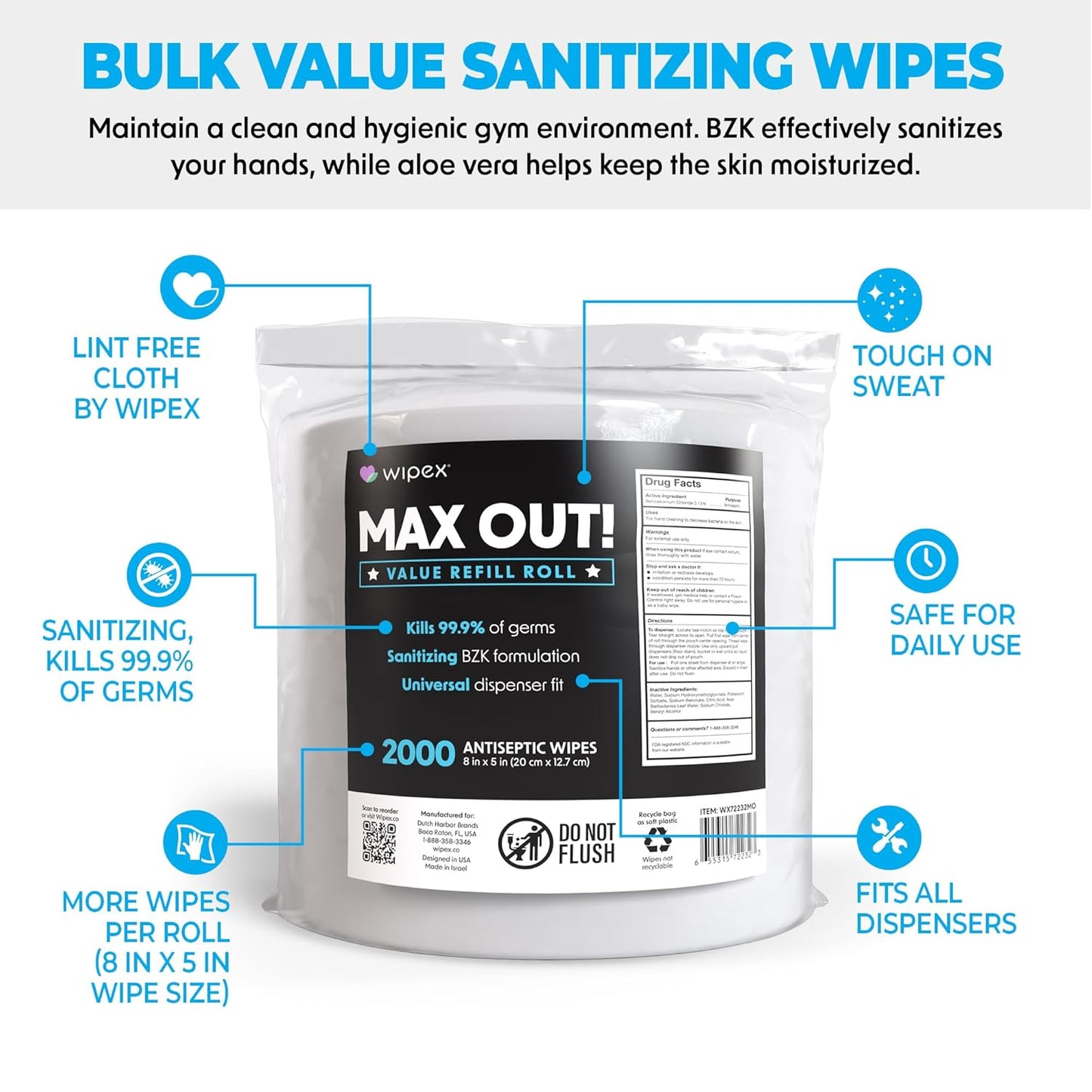 Wipex Max Out Sanitizing Wipes for Fitness Centers - 2000 Wipes Per Roll, Pack of 4, Economy Size Refill Rolls for Dispensers, 5"x8" - Ideal for High Volume Commercial Gyms, Schools & Studios