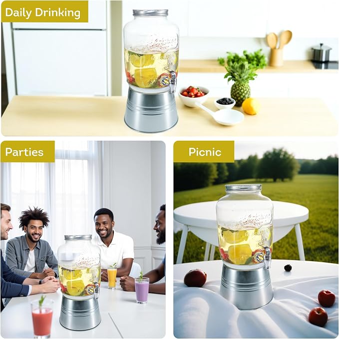 Lily's Home Glass Beverage Dispenser With Stand – 1 Gallon Capacity - Easy-Use Spigot - Drink Dispenser for Parties/BBQs - Large Mouth for Ice/Fruits - Water Dispenser Countertop Use