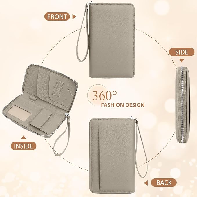 RFID Passport Holder for Travel Family with Coin Pocket,E-Grey | Leather Passport Cover for 2, Travel Document Organizer with Wrist Strap & 24 Card Slots, for Women Men