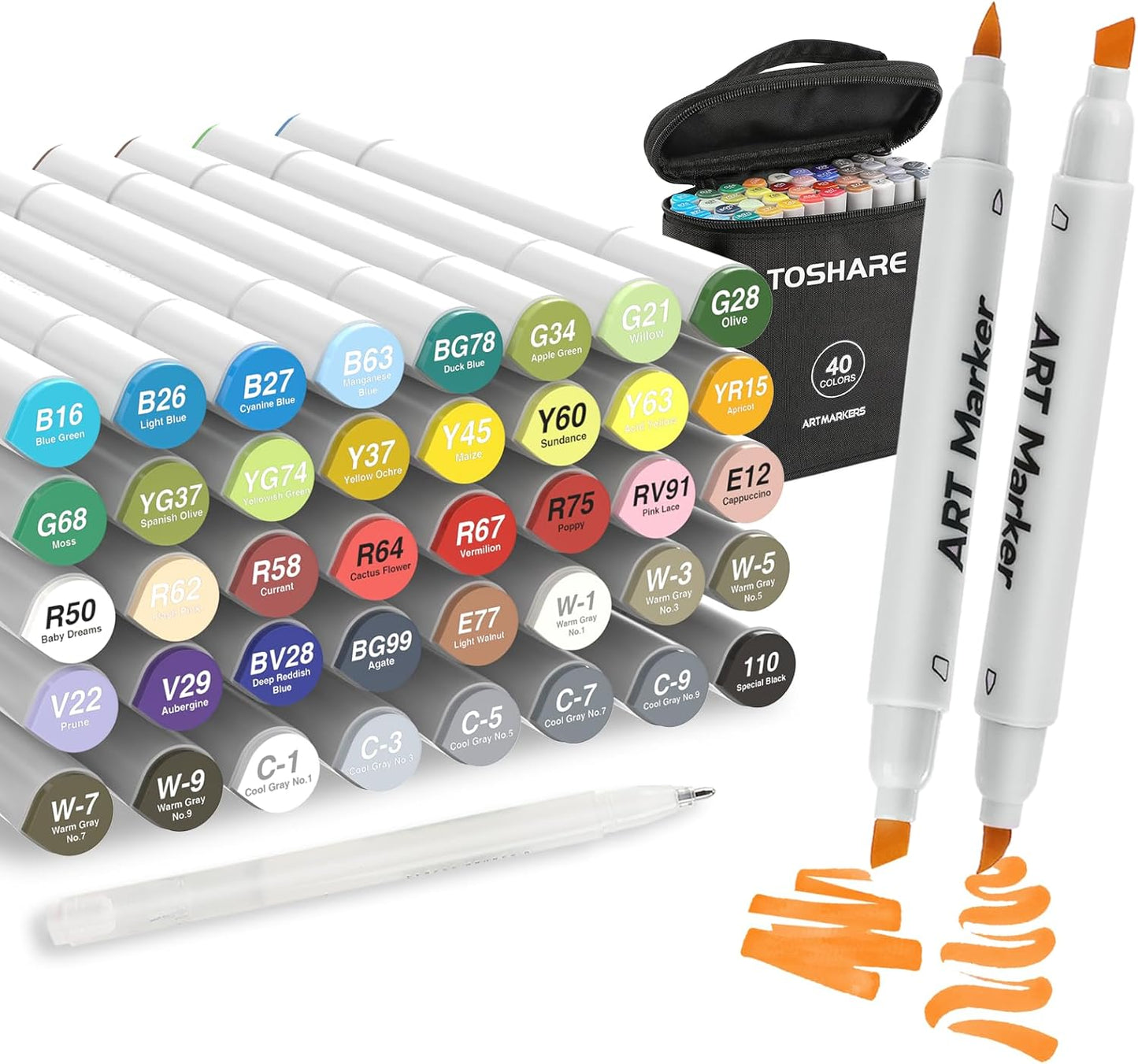 40 Colors Alcohol Markers - Double Tip Art Markers Alcohol Based Marker Brush&Chisel Nib Blender Art Pens Permanent Sketch Marker for Kids Adults Coloring and Artist Illustration