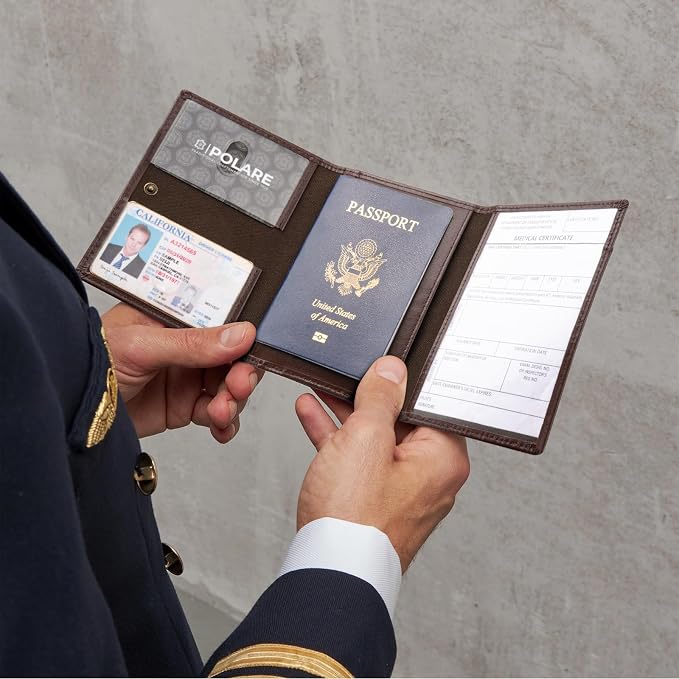 Polare Napa Leather Pilot Wallet Passport Holder RFID Blocking Tri-fold Travel Cover Document Organizer for Aviation Professionals (Coffee with AirTag Slot)