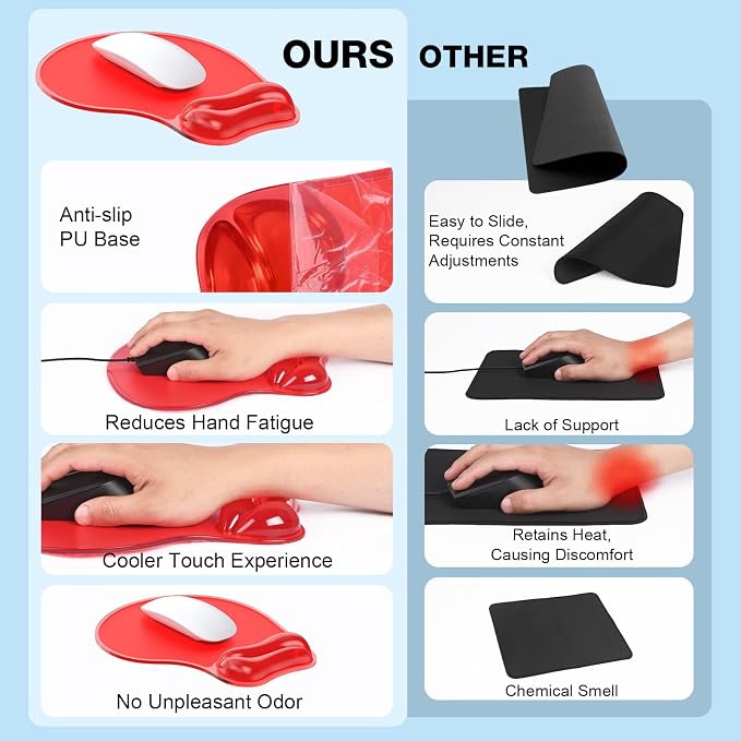 Gel Mouse Pad with Wrist Rest, Ergonomic for Laptop, Non-Slip Base | Cooling Gel Comfort, Soft Squishy Wrist Support, Easy to Clean, Non-Slip PU Base, for Office & Home Desk Red
