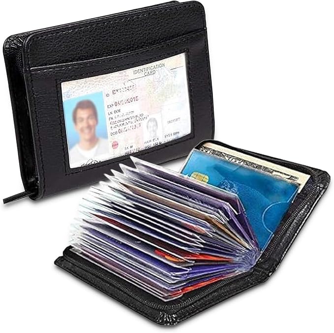 Men's Zipper Wallet 36 Slots RFID Blocking Card Holder | Slim Leather Wallet, ID Window, Anti-Theft Lock, Credit Card Organizer for Women & Men, Travel Small Wallet