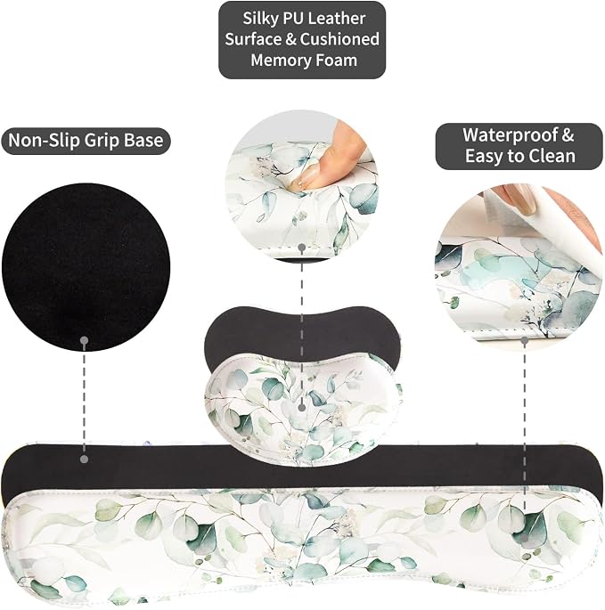 QIYI PU Leather Desk Mat Set, 4-in-1 Ergonomic Wrist Rest, Eucalyptus | Waterproof Large Mouse Pad 31.5×15.7 + Keyboard Wrist Rest + Mouse Wrist Support+Coaster, Non-Slip Office Gaming Accessories