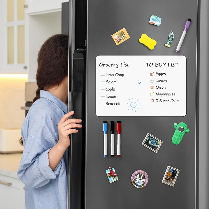 6 Pack Magnetic Dry Erase Board Sheet for Fridge, 12"x8" Erasable Refrigerator WhiteBoard w/ 4 Markers & 1 Eraser- Smooth and Flexible Small Magnet Blank Notepad for Home Kitchen Organizer and Planner
