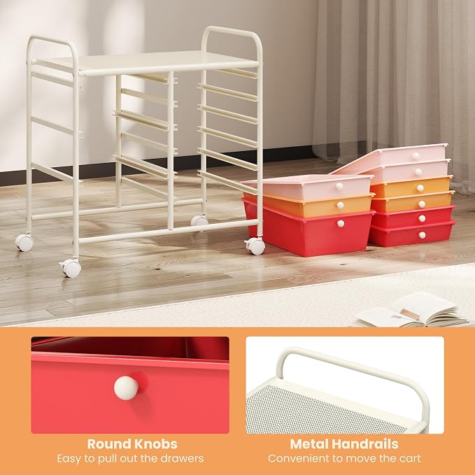 COSTWAY Rolling Storage Cart with 9 Drawer, Utility Cart with Metal Frame | Mobile Art Supply Craft Organizer, Multipurpose Storage Organizer for Paper, Office, School Teacher, Classroom, Macaron