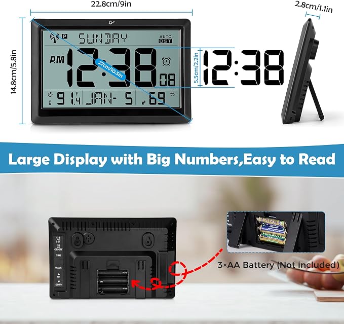 Amgico Digital Wall Clock,10.5" Large Display Atomic Clock,Battery Operated,Digital Calendar Auto Setting with Indoor Temperature,Humidity,Date,Day,Auto DST for Elderly Bedroom Classroom,No Backlight