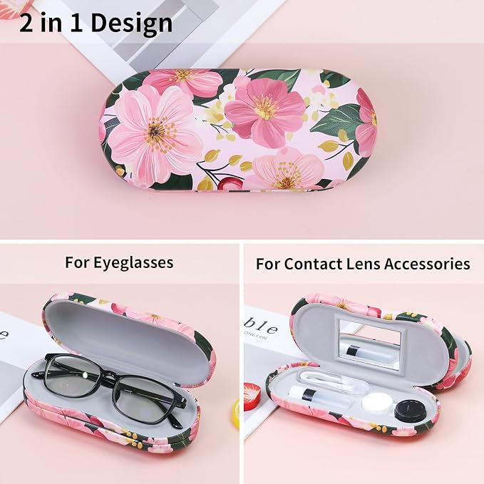 2 in 1 Contact Lens Case and Eyeglasses Case for Women Men Kids, Double Sided Hard Shell Portable Glasses Travel Holder with Built-in Mirror, Contact Lens Box Storage Kit (Pink Flower)
