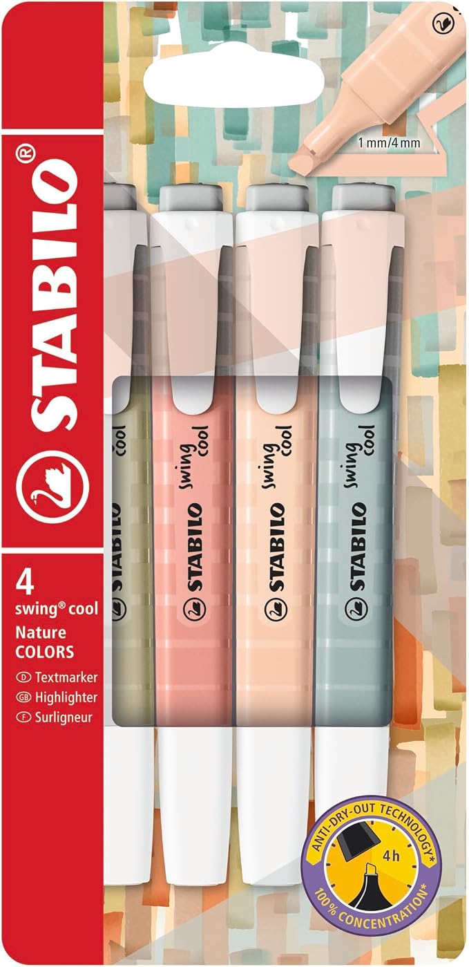 STABILO - Highlighter - Swing Cool NatureColors | Pack of 4, mud green, siena, beige, green earth