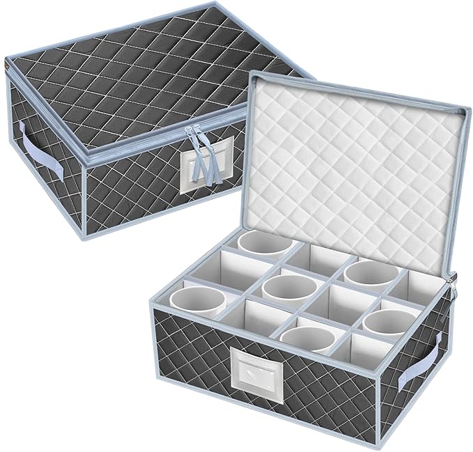 Mug and Cup Storage Box with Dividers - 2 Pack China Storage Bin Containers Holds 24 Glassware, Stackable Coffee Mug Organizer Bin and Tea Cup with 2 Metal Zipper,Label and Handles (Grey)