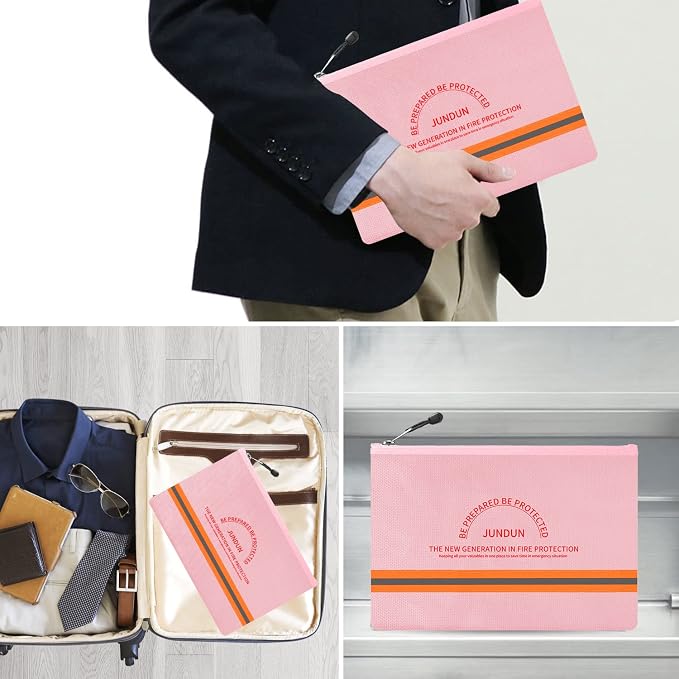 Fireproof Document Bag,14.2”x 10.0”Waterproof and Fireproof Money Bag with Aluminum Foil Lining,Fireproof Safe Storage Pouch with Zipper for Document and Cash,Pink