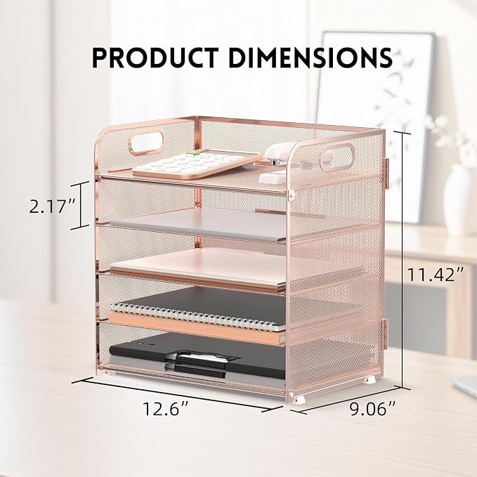 5 Trays Paper Organizer Letter Tray with Handle-Mesh Desk File Organizer, Paper Sorter Desk Organizer for Office, Home or School (Rose Gold)
