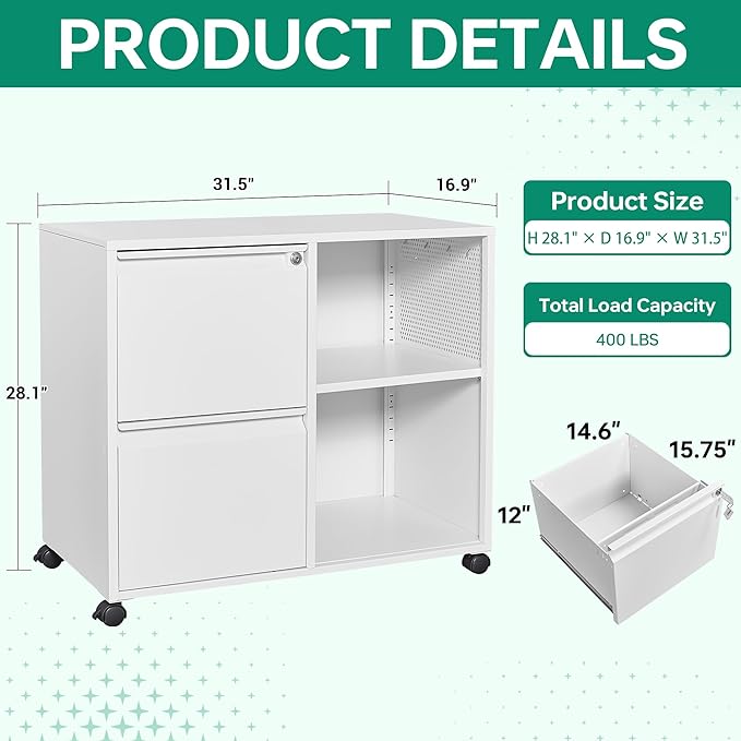 Mobile File Cabinet, Metal Lateral Rolling Printer Stand Filing Cabinets with Shelves for Home Office-Storage A4/F4/Letter (White)