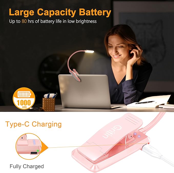 Gritin 9 LED Rechargeable Book Light for Reading in Bed - Eye Caring 3 Color Temperatures,Stepless Dimming Brightness,80 Hrs Runtime Small Lightweight Clip On Book Reading Light for Studying-Pink