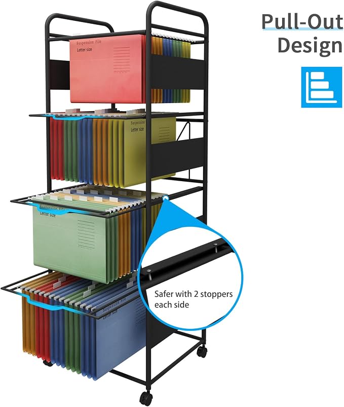 PUNCIA 4-Tier Metal File Cart with Wheels Pull-Out Rolling Folder Organizer | Black Mobile Hanging File Cabinet for Letter Documents Home Office Storage Easy to Move and Access
