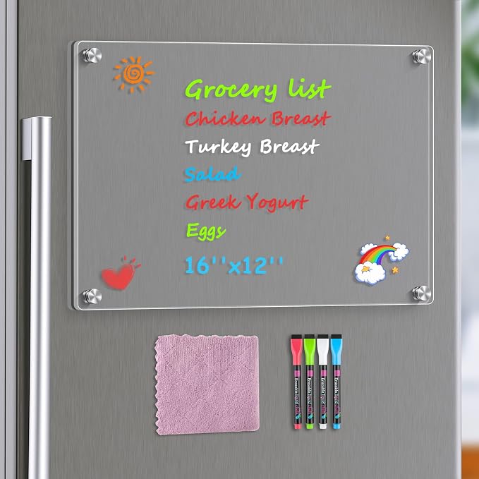 MaxGear Acrylic Magnetic Whiteboard for Fridge, 16 x 12 Inch Clear Board | Extra Large Writing Space, Strong Magnetic Hold, Smooth Writing and Easy Cleaning for Family Planning and Organization
